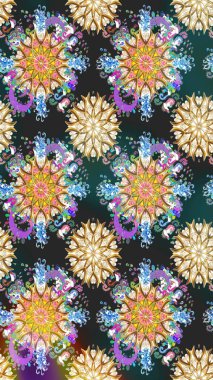 Raster Floral Illustration, Asyalı tekstil. Mavi ve gri renkte etnik çiçeklerle kusursuz bir desen..