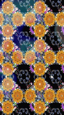 Düz Çiçek Elementleri Tasarım Raster illüstrasyonu. Çiçeksiz desenli arka plan. Renkli Bahar Temalı Kusursuz Arkaplan. Siyah renkte çiçekler.