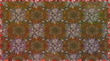 Küçük çiçekte hoş bir çiçek deseni var. Çiçeksel elementlerle süslenmiş zarif raster dokusu. Kahverengi renkler ve parlak çiçekler üzerinde soyut, pürüzsüz desen.
