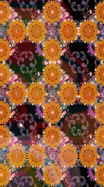 Raster deseni. Bahar çiçekleri dallı desen, turuncu renkler ve çiçek silueti.