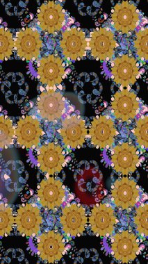 Renkli Bahar Temalı Kusursuz Arkaplan. Siyah renkli şirin çiçek deseni. Düz Çiçek Elementleri Tasarımı. Raster Modaya uygun kumaş deseni.