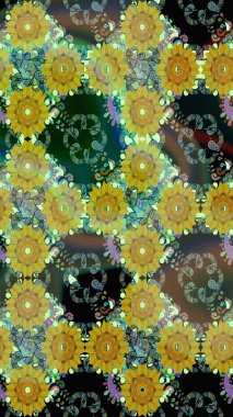 Yeşil renkli Asya tekstili. Çiçeklerle suluboya desenli çiçek deseni. Raster illüstrasyonu.