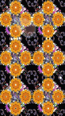 Çiçeksel elementlerle süslenmiş zarif raster dokusu. Küçük çiçekte hoş bir çiçek deseni var. Siyah renkler ve parlak çiçekler üzerinde soyut, pürüzsüz desen.