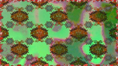 İşlemeli çiçekli, dikişsiz desen. Parmak izi, kumaş, duvar kâğıdı, tekstil için raster dokusu. Renkli grunge, yakut yeşil çiçeklerle soyut arkaplanı zenginleştirir.