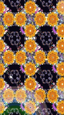 Kusursuz bir arka plan modeli. Yapraklı çiçekler ve papatya çiçekli siyah renkte papatyalar. Raster - stok.