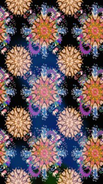 Klasik taslak çizimi. Raster Yumuşak kumaş deseni. Çiçek mavisi ve siyah dikişsiz desen. Raster çiçek izi..