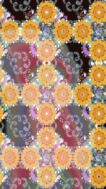 Asya tekstil tarzında. Renkli Bahar Temalı Kusursuz Arkaplan. Düz Çiçek Elementleri Tasarımı. Kusursuz çiçek deseni. Raster illüstrasyonu. Bej renkte çiçekler.