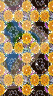 Çiçeksiz desenli arka plan. Gömlek baskısı için çiçek boyası. Sarı ve gri renkte çiçekler.