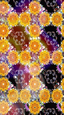 Küçük çiçekteki sevimli çiçek deseni. Raster illüstrasyonu. Sarı ve siyah renkte çiçekler.