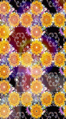 Raster Çiçek İllüstrasyonu 'nun şirin tekstili. Sarı renkli etnik çiçeklerle kusursuz bir desen..