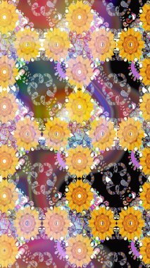 Raster Çiçek İllüstrasyonu 'nun şirin tekstili. Sarı ve bej renkte etnik çiçeklerle kusursuz bir desen..