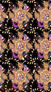 Siyah renkli çiçekler. Düz Çiçek Elementleri Tasarımı. Sevimli çiçek raster deseni. Renkli Bahar Teması Kusursuz Arkaplan.