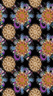 Asya tekstil tarzında. Raster illüstrasyonu. Düz Çiçek Elementleri Tasarımı. Kusursuz çiçek deseni. Renkli Bahar Temalı Kusursuz Arkaplan. Güzel kumaş deseni.