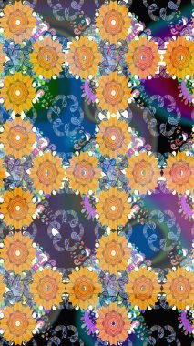 Kabile sanatı boho baskısı, klasik çiçek arkaplanı. Arkaplan dokusu, duvar kağıdı, mavi ve sarı renkli çiçek teması. Soyut etnik raster pürüzsüz desen.