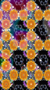 Siyah ve sarı renklere karalamalar çizen kusursuz çiçek deseni. Raster illüstrasyonu.