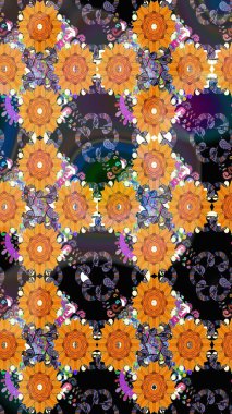 Halk tarzı. Modern çiçek arkaplanı. Parlak renkli çiçekleri ve turuncu ve siyah renkte yaprakları olan şaşırtıcı, pürüzsüz çiçek deseni. Moda baskıları için zarif bir şablon.