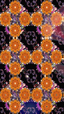 Raster illüstrasyonunda kusursuz çiçek deseni. Turuncu ve siyah renkte çiçekler.