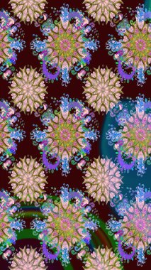 Raster illüstrasyonu. Kahverengi ve nötr renklerde Asya tekstili. Çiçeklerle suluboya desenleri.