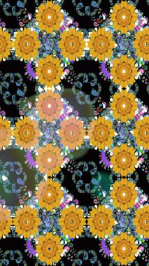 Çiçekli karalama şeklinde Raster çiçek deseni. Raster illüstrasyonu. Sarı ve siyah renklerde bahar çiçekleri..