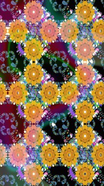 Nazikçe, sarı renkte bahar çiçekleri. Yaprak ve çiçeklerin suluboya resmi, sarı renklerde pürüzsüz desen. Raster illüstrasyonu.