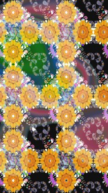 Raster illüstrasyonu. Asya tekstil tarzında. Kusursuz çiçek deseni. Raster illüstrasyonu. Sarı renkte çiçekler.