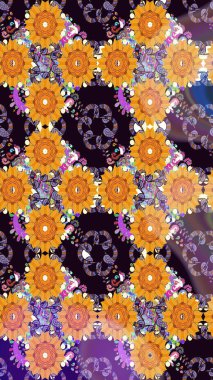 Raster illüstrasyonu. Siyah ve turuncu kıvırcık çiçekler siyah ve turuncu renklerde şekillenir. Klasik çiçek tasarım elementleri.