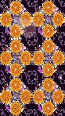 Sevimli çiçek raster deseni. Renkli Bahar Temalı Kusursuz Arkaplan. Siyah ve turuncu renkli çiçekler. Düz Çiçek Elementleri Tasarımı.