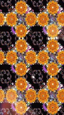 El yapımı çiçek ve bitki koleksiyonu. Eskiz tarzı siyah ve turuncu renkler. Şirin karalama çiçekleri olan kusursuz çiçek desenleri. Raster illüstrasyonu. Raster illüstrasyonu.