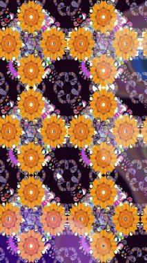 Raster illüstrasyonu. Siyah ve turuncu kıvırcık çiçekler siyah ve turuncu renklerde şekillenir. Klasik çiçek tasarım elementleri.