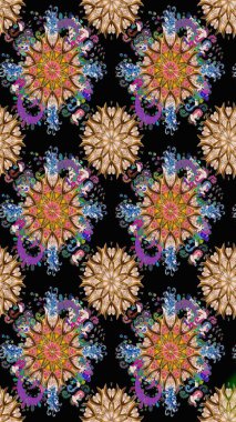 Kusursuz bir arka plan modeli. Raster - stok. Yapraklı çiçekler ve papatya çiçekli siyah ve kahverengi renkler.