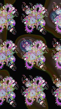 Çok renkli, zarif küçük çiçekler ve siyah renkli komik böcekler, raster desen, illüstrasyon..