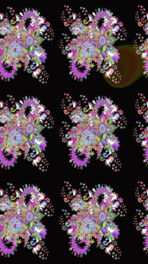 Çok renkli ve nötr küçük çiçekler ve siyah ve nötr renklerdeki komik böcekler, raster desen, illüstrasyon.