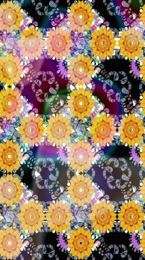 Bir sürü sarı ve soyut çiçekli tropikal desenler. Küçük çiçekteki sevimli çiçek deseni. Varicoloyellow raster kusursuz illüstrasyon.