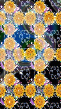 Çiçekli kusursuz retro desen. Renkli Yaz Temalı Kusursuz Arkaplan. Düz Çiçek Elementleri Tasarımı. Sarı renkte çiçekler.