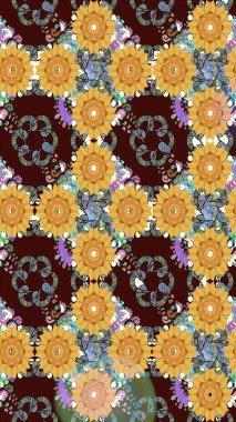 Düz Çiçek Elementleri Tasarımı. Kahverengi renkli çiçekler. Raster illüstrasyonunda kusursuz çiçek deseni. Renkli Bahar Teması Kusursuz Arkaplan.