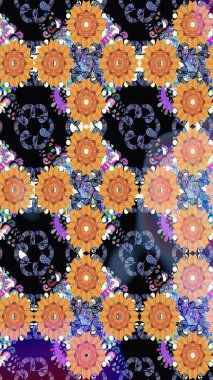 Raster illüstrasyonunda kusursuz çiçek deseni. Renkli Bahar Temalı Kusursuz Arkaplan. Düz Çiçek Elementleri Tasarımı. Siyah renkte çiçekler.