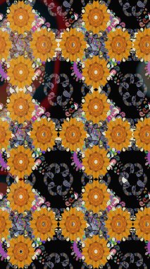 Raster - stok. Yapraklı çiçekler ve papatya çiçekli siyah renkte papatyalar. Kusursuz arkaplan deseni.