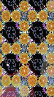 Siyah ve sarı renkli çiçekler. Kumaş desenli papatya çiçekleri ayrıntıları.