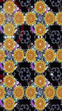 Modern çiçek arkaplanı. Parlak renkli çiçekleri ve siyah ve sarı renklerde yaprakları olan kusursuz çiçek desenleri. Halk tarzı. Moda baskıları için zarif bir şablon.