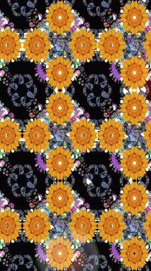 Siyah ve sarı renklerde etnik çiçeklerin olduğu kusursuz bir desen. Asya Tekstil 'inde Raster Çiçek İllüstrasyonu.