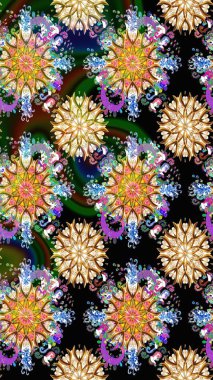 Renkli Bahar Temalı Kusursuz Arkaplan. Raster illüstrasyonu. Zentangle soyut çiçekleri. Karalama çiçeği. Güzel kumaş deseni. Düz Çiçek Elementleri Tasarımı.