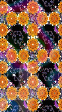 Moda baskıları için zarif bir şablon. Halk tarzı. Modern çiçek arkaplanı. Rengarenk çiçekleri ve turuncu yaprakları olan, kusursuz çiçek desenleri..