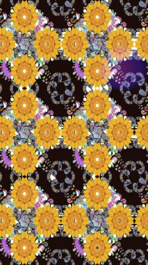 Sarı renkli çiçekler. Düz Çiçek Elementleri Tasarım Raster illüstrasyonu. Renkli Bahar Temalı Kusursuz Arkaplan. Çiçeksiz desenli arka plan.