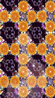 Karalama çiçekleri kusursuz desen. Raster deseni. Sanat, portakal rengi çiçeklere ilham verir ve arka planda izler bırakır. Siyah ve turuncu el çizimi desen.