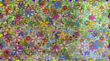 Tarafsız renklerde çok renkli, zarif küçük çiçekler ve komik böcekler, raster deseni, illüstrasyon.