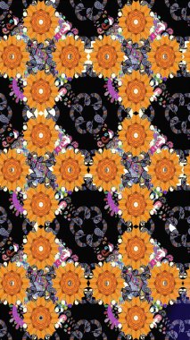 Şirin çiçek elementleri. Renkli Bahar Temalı Kusursuz Arkaplan. Kusursuz desenli, modaya uygun kumaş deseni. Raster illüstrasyonu. Düz Çiçek Elementleri Tasarımı.