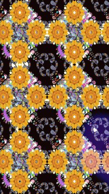 Çok renkli, zarif küçük çiçekler ve sarı renkli komik böcekler, raster desen, illüstrasyon..