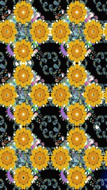 El çizimi çiçek unsurları olan soyut, dikişsiz raster deseni. 1950-1960 motifleri. Retro tekstil tasarım koleksiyonu. Çiçekli ipek eşarp. Sarı üstüne sarı.