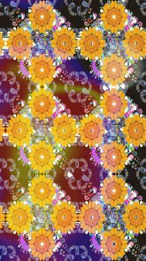 Çiçeksiz desenli nakış işlemeli gelincikler ve vadideki zambaklar. Tekstil tasarımı için sarı renkli geleneksel halk çiçekleri buketi.