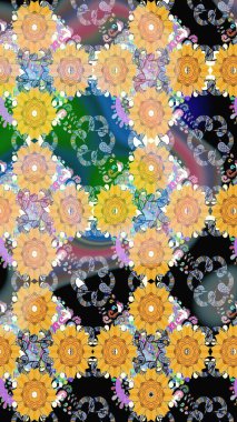 1950-1960 motifleri. El çizimi çiçek unsurları olan soyut, dikişsiz raster deseni. Sarı ve bej üzerine sarı ve bej. Çiçekli ipek eşarp. Retro tekstil tasarım koleksiyonu.